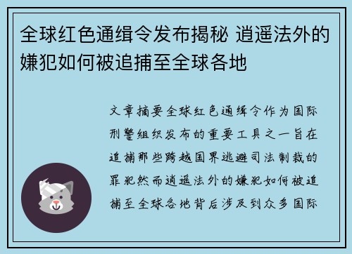 全球红色通缉令发布揭秘 逍遥法外的嫌犯如何被追捕至全球各地 全球红色通缉令发布揭秘 逍遥法外的嫌犯如何被追捕至全球各地